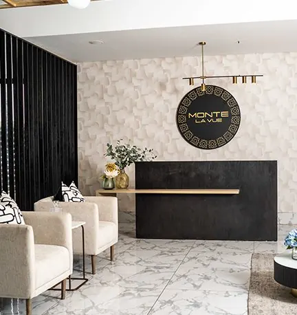 Reception desk and lounge seating in the Monte La Vue lobby