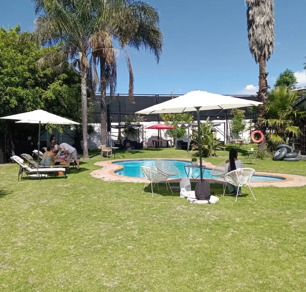 Outdoor pool surrounded by lawn, palms and sun umbrellas at Monte La Vue