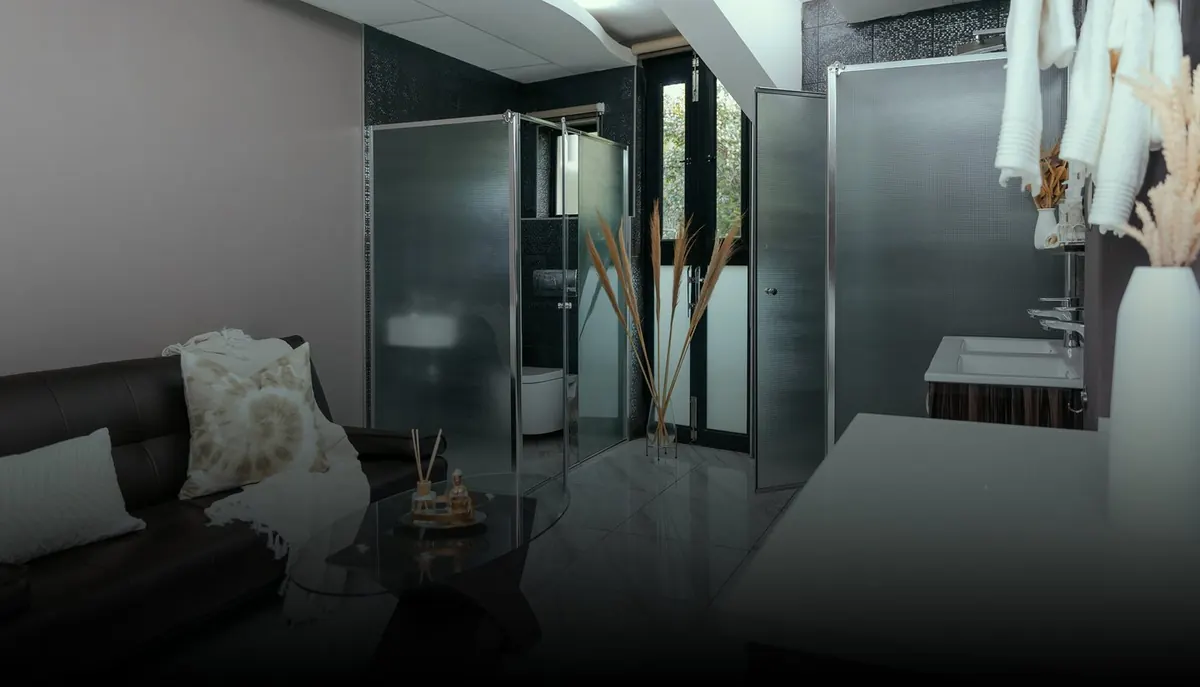Glass-screened shower area